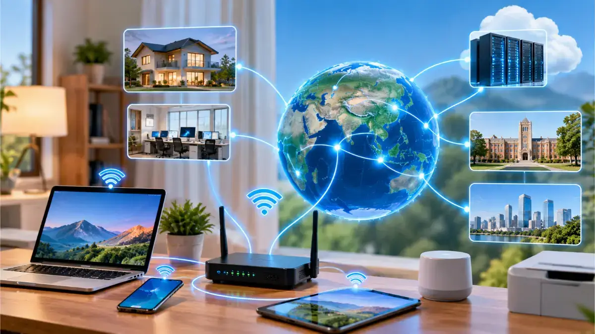 Illustration of a computer network connecting a laptop, smartphone, tablet, Wi-Fi router, home devices, servers, and global locations.