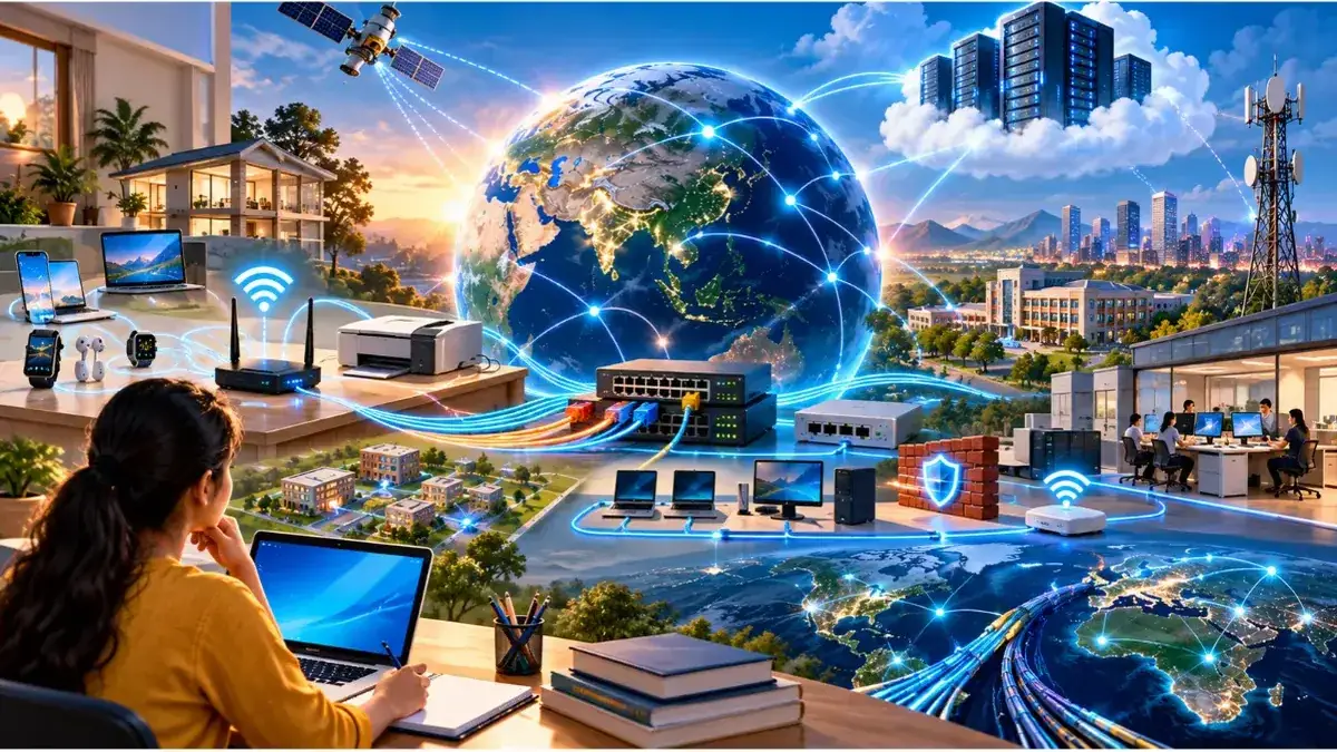 Data communication and computer networking connecting laptops, smartphones, routers, and servers across different locations